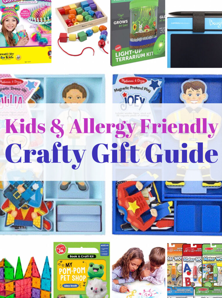 Collage full of crafty gift ideas and activities for kids, title text reads "kids & allergy friendly crafty gift guide"