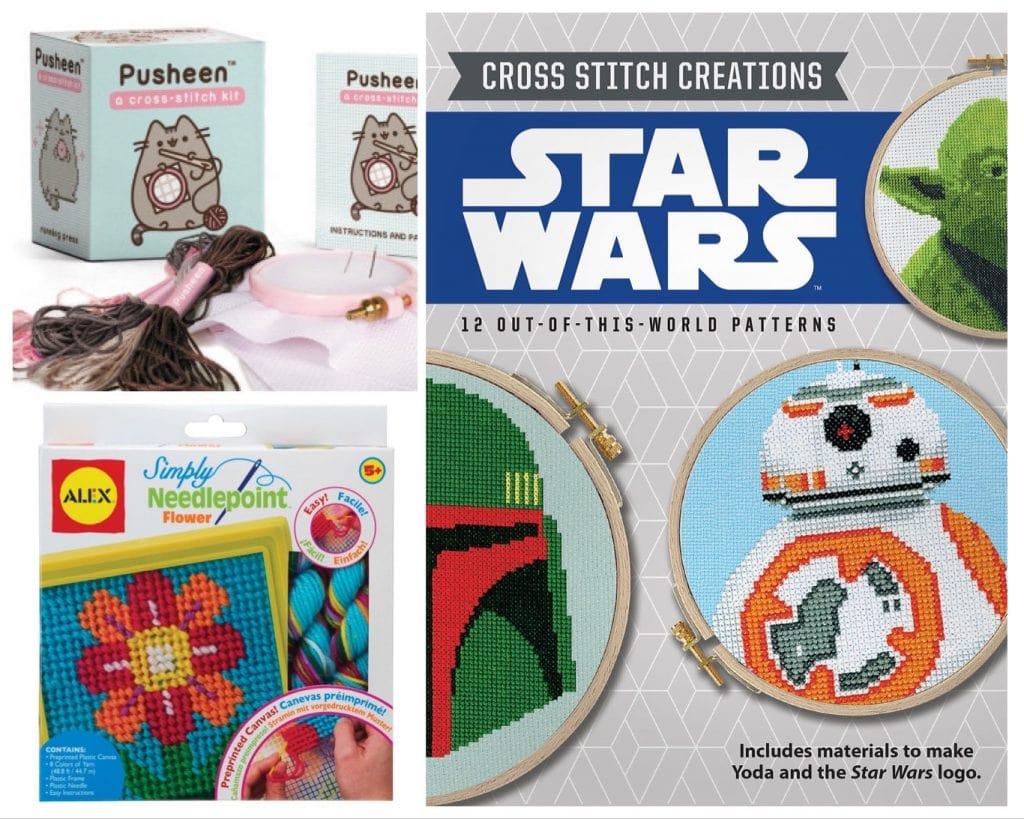 Collage showing various embroidery kits including pushen and star wars