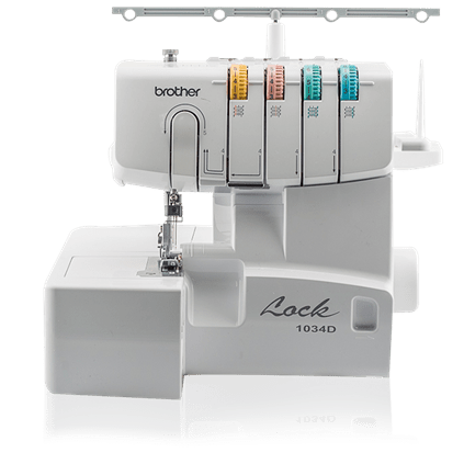 Brother 1034D serger is shown with colorful guide lines