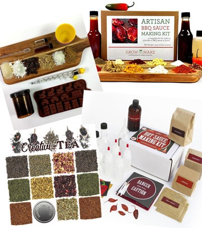 A collage showing DIY kits for making tea blends, chocolates hot sauce, and more.