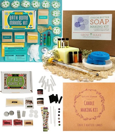 An assortment of bath, body, and candle kits with everything you need to get started with your new craft