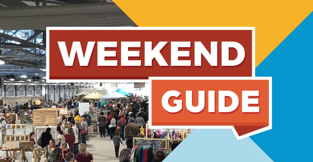Graphic with bold title frame that reads "WEEKEND GUIDE" and has an event pic in the background