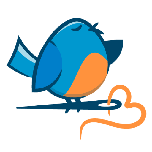 Part of the DFW Craft Shows Logo. A small, round blue and orange bird sits on a navy color needle with a piece of orange thread shaped into a heart.