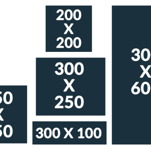 Several navy boxes demonstrate possible banner ad sizes in relation to either other. Each box has corresponding text listing that banner ad's size in pixels.