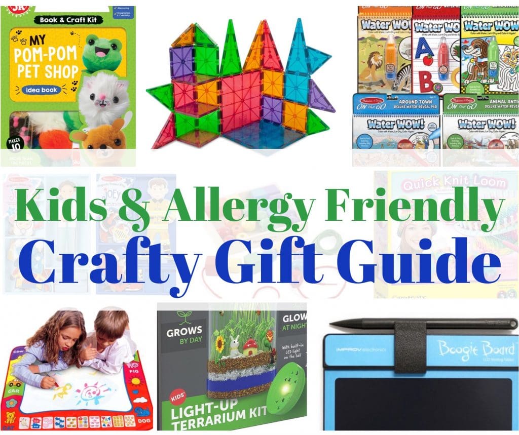 collage of crafty gifts for kids with title text "kids & allergy friendly crafty gift guide"