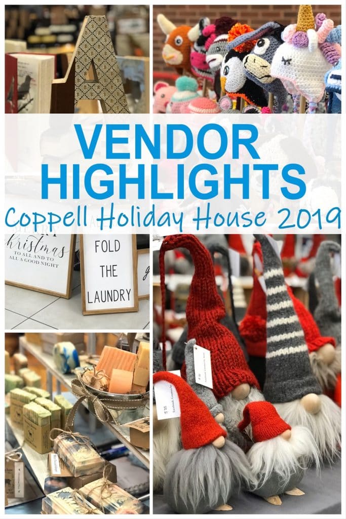 Collage of the five arts & crafts vendors highlighted. Gnomes, crocheted hats, signs, soap, and reclaimed journals can be seen. Title text reads "Vendor Highlights Coppell Holiday House 2019"