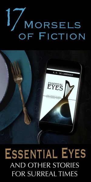 A dark table is set with empty dishes next to a phone screen with a novel open and text that reads "17 morsels of fiction"