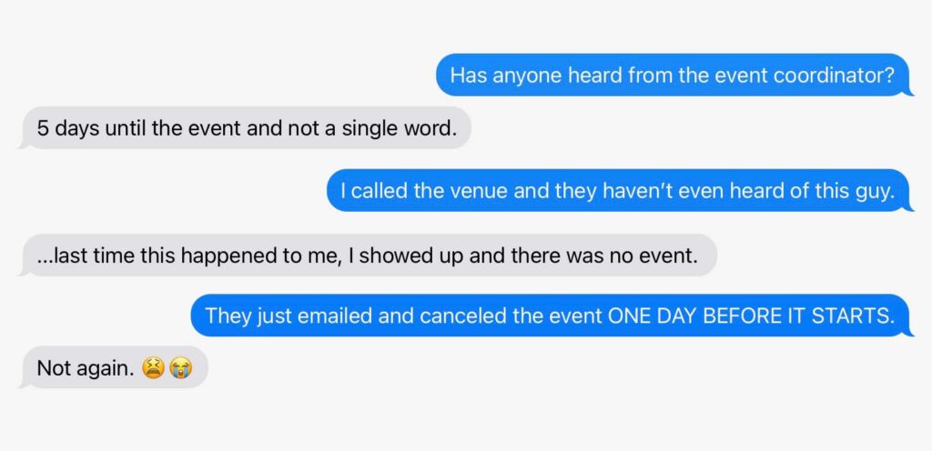 chat between vendors regarding event scams