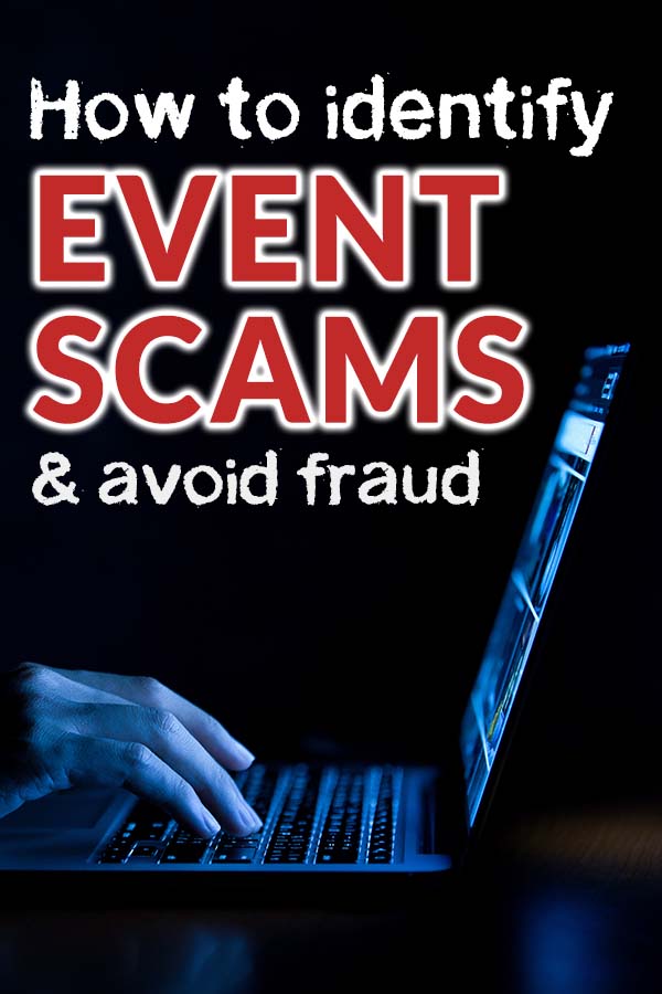 A dark room lit only by a blue computer screen, title reads "How to identify event scams & avoid fraud"