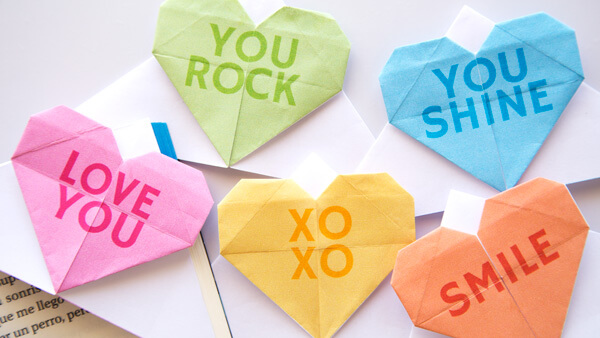 Colorful Valentine's Day bookmarks in the colors and style of candy conversational hearts