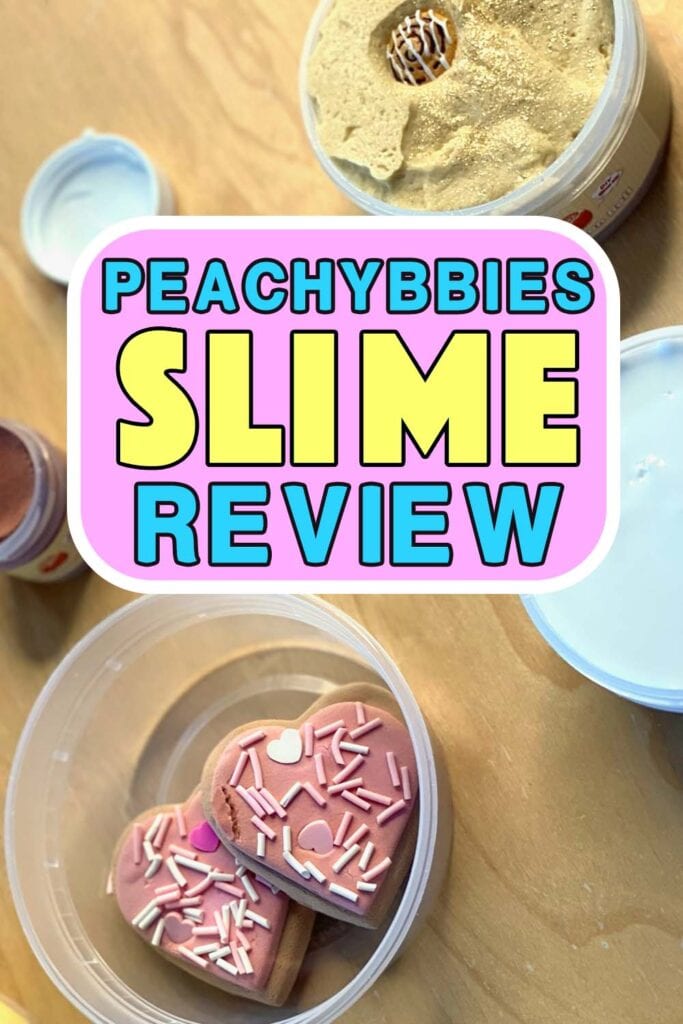 Peachybbies Slime in shape of cookies and cinnamon rolls surrounded by title text that reads PEACHYBBIES SLIME REVIEW