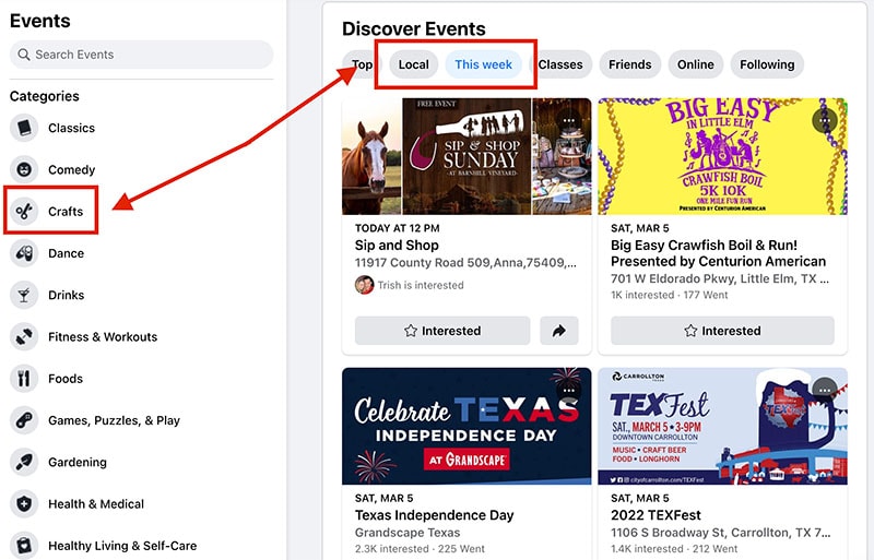 screenshot of facebook events with arrows highlighting the filters
