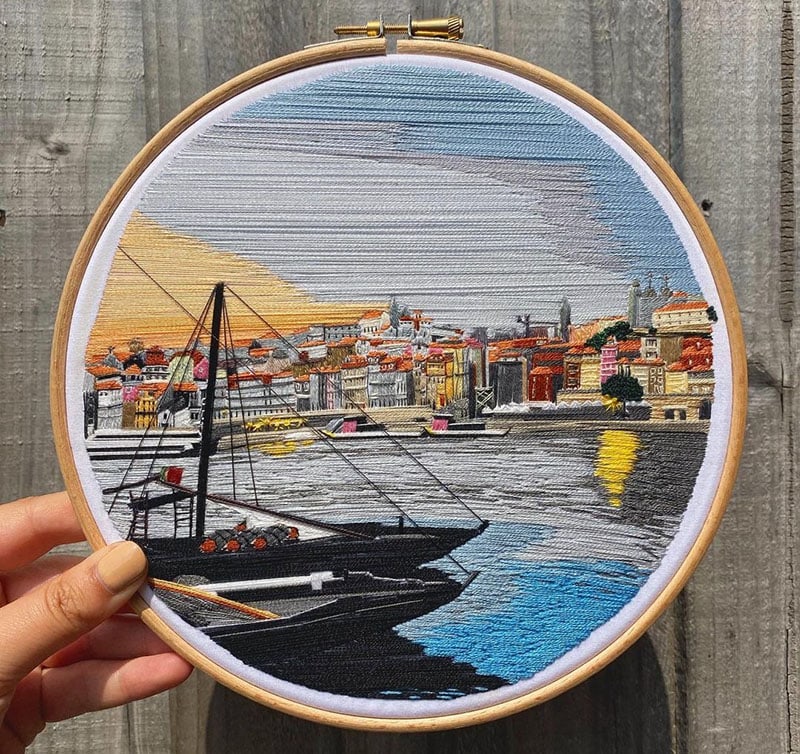 Embroidery hoop of sunset in Portugal