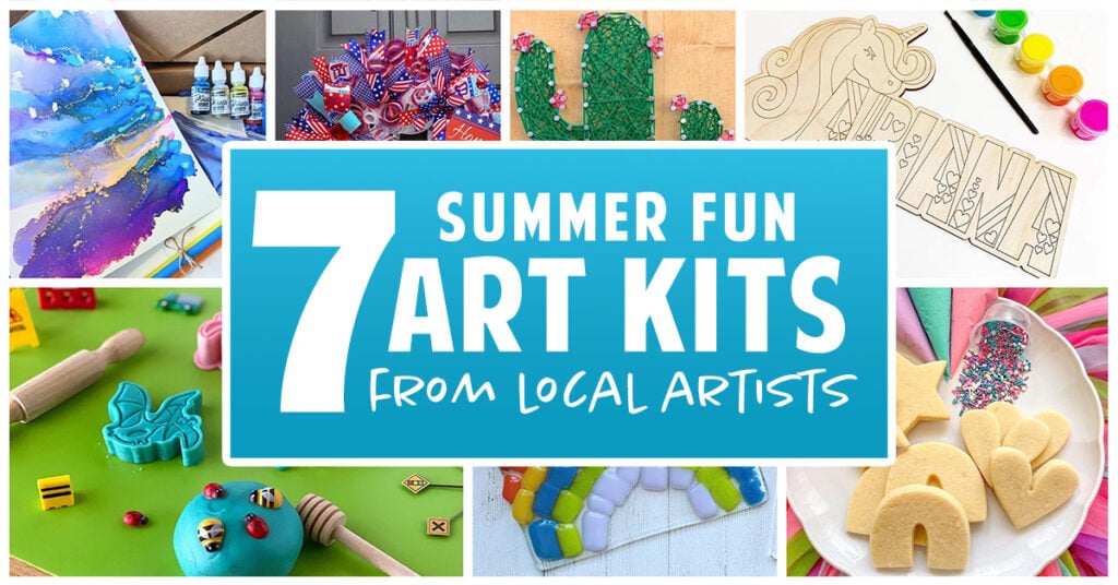a collage of summer art kits with the text "7 summer fun art kits from local artists"
