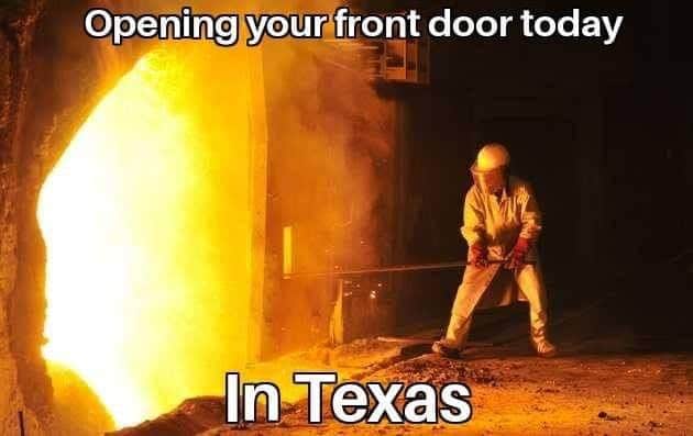 man standing at a fire with text "opening your front door today in texas"