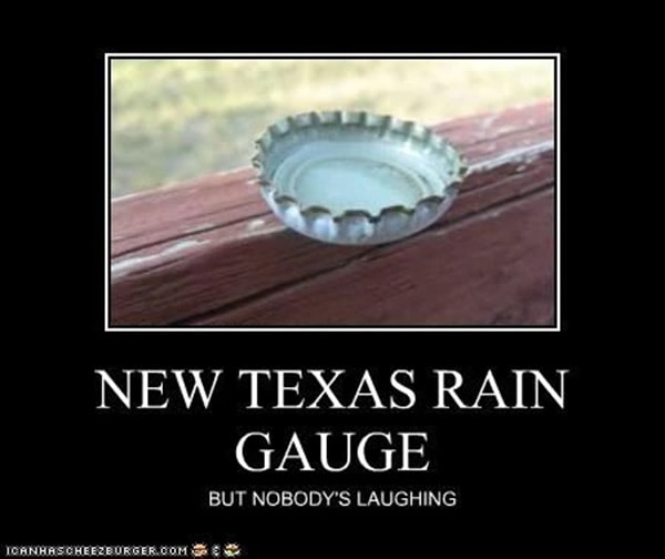 bottle cap sits outside with the text "new texas rain gauge"