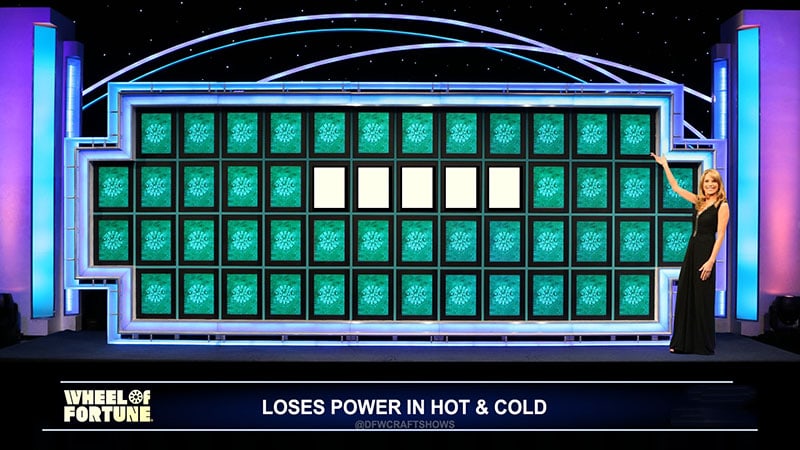 wheel of fortune board that's empty with text "loses power in hot & cold" with 5 letters