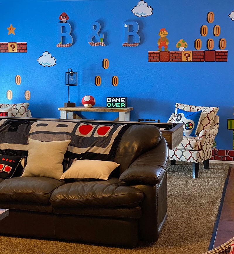 video game theme living room at gamer haven
