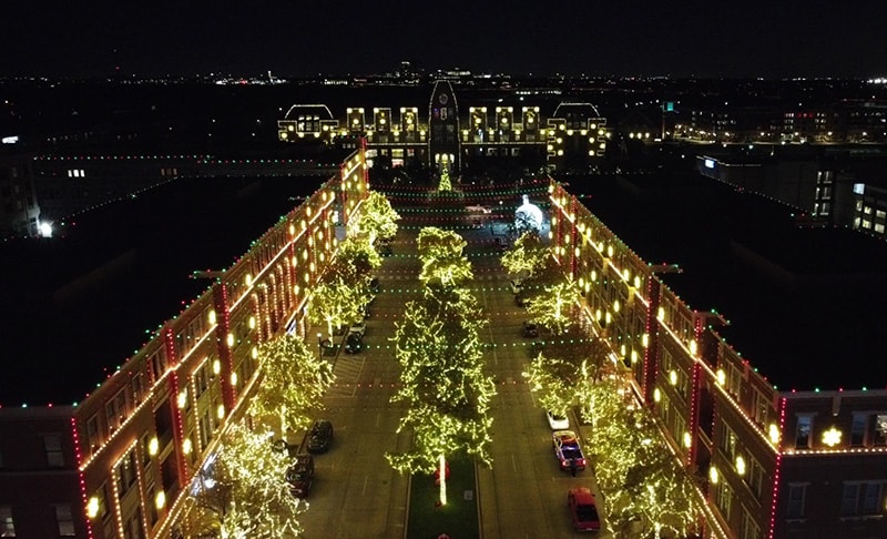 Bright lights line the square in frisco texas
