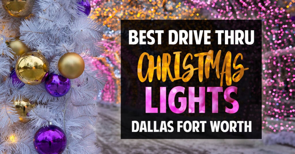 A tunnel decorated with gold and purple ornaments, white tinsel, and pink and gold lights. Title reads "Best drive thru christmas lights dallas fort worth"