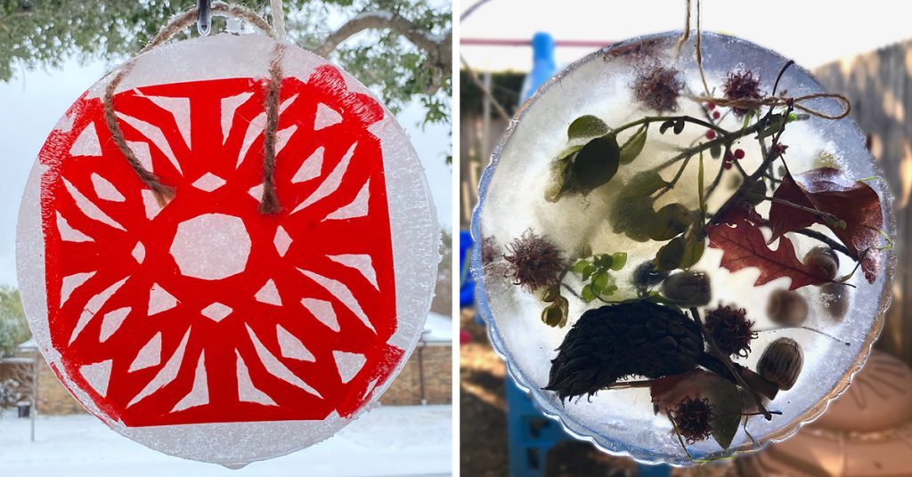 On the left, a red snowflake frozen in ice hangs from a tree. On the right, an ice suncatcher full of nature.