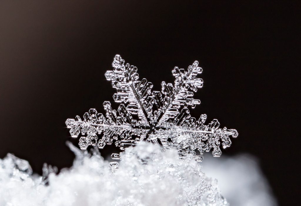 A macro shot shows off a beautiful snowflake up close, sitting atop a pile of snow against a black background