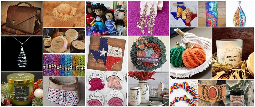 A collage of handmade products ranging from candles to crochet, jewelry and more.  These are our awesome vips