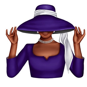 Memoji wearing a large purple hat and dress. Rosa from Nanas Blingznthingz