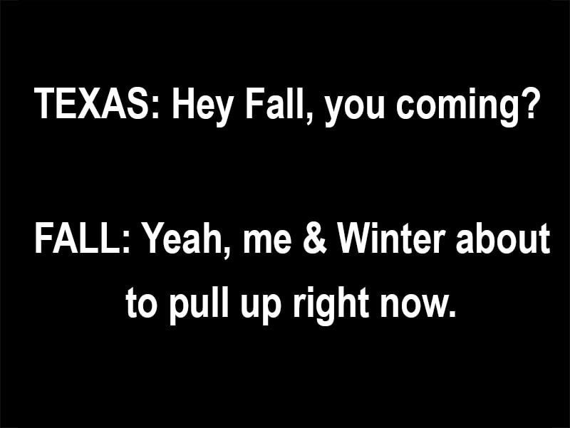 meme with black bg and white text reads "Texas: Hey Fall, you coming? Fall: Yeah, me and Winter about to pull up right now."