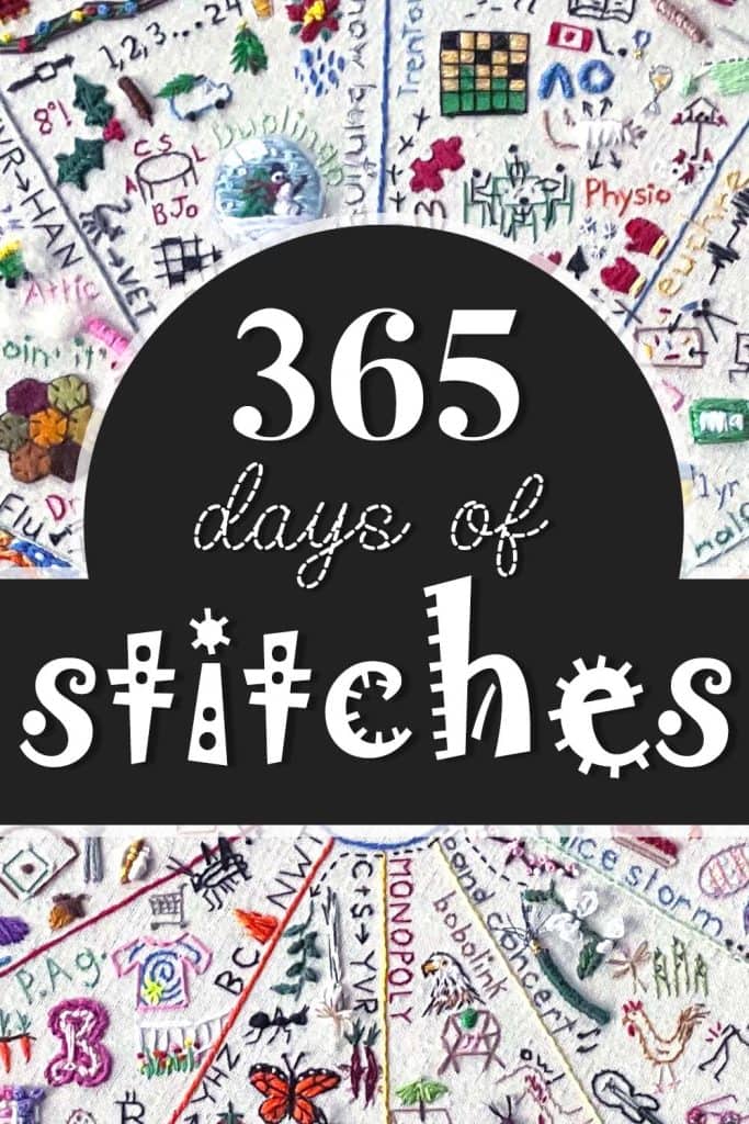 hundreds of embroidery stitches can be seen in the background behind the text "365 days of stitches"