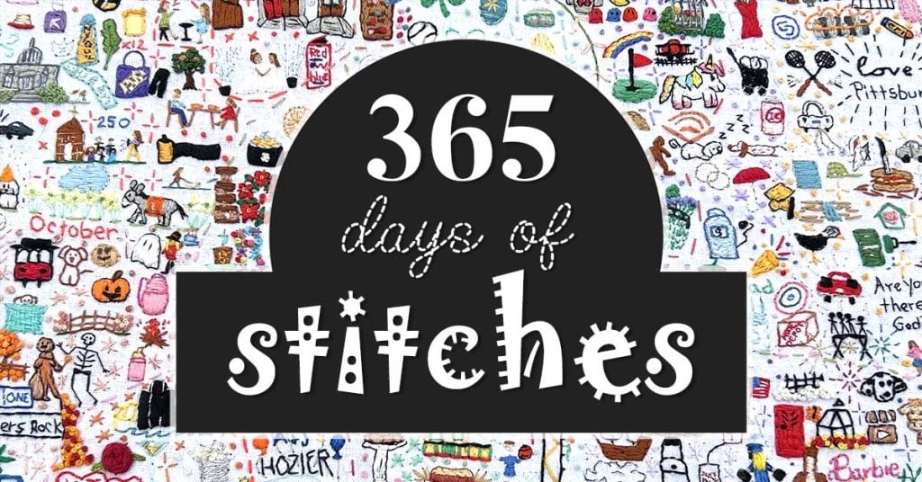 365 embroidered icons are stitched onto white fabric. title text reads "365 days of stitches"