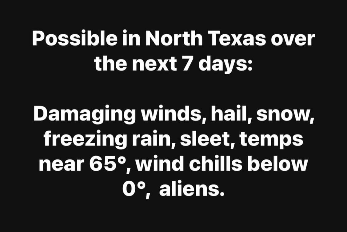 Text on a black background outlines that absolutely anything is possible when it comes to texas weather