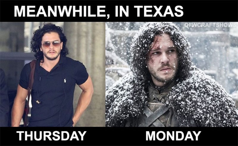 Jon Snow is wearing a short sleeve shirt in one cell and a parka covered in snow in the other.  the top reads "meanwhile in texas" and the bottom reads "Thursday | Monday"