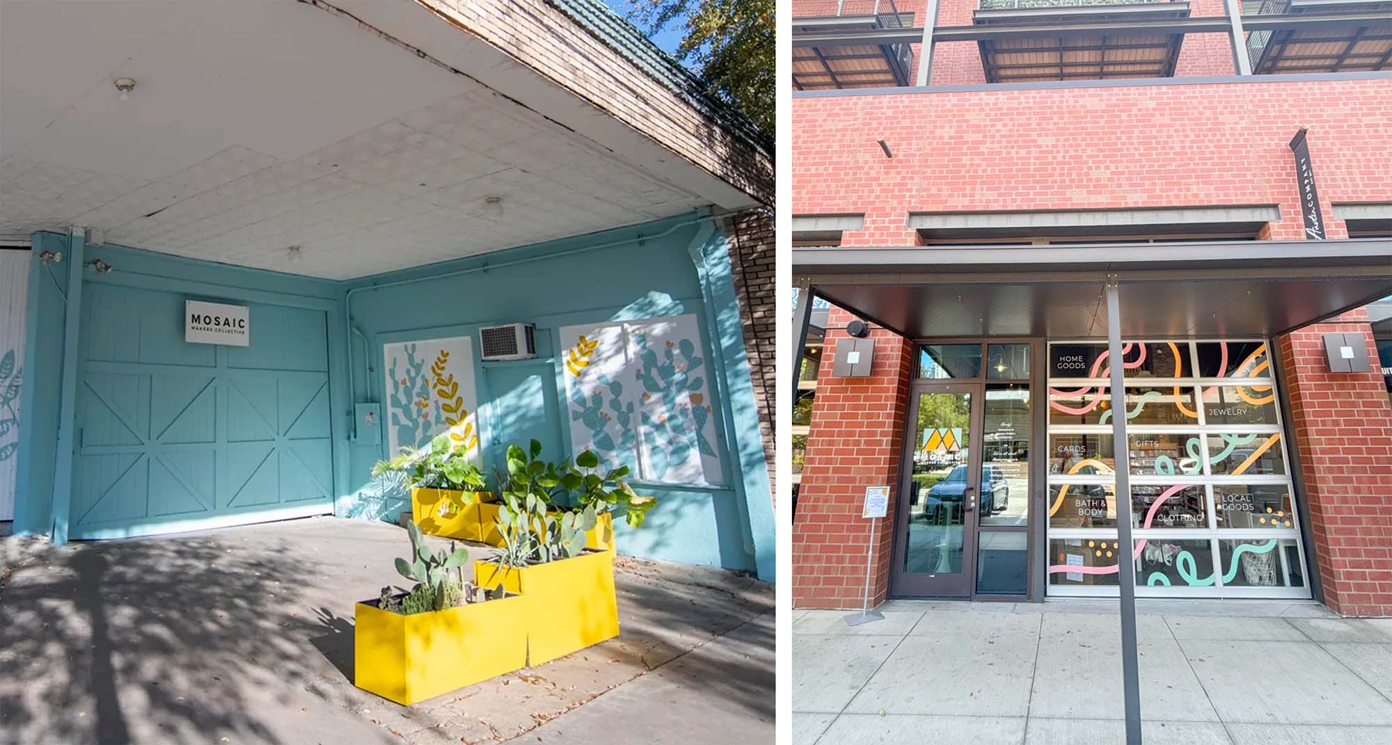On the left, a white brick building painted mostly blue with flowers and art on all sides of a door with sign "Mosaic Makers Collective." on the right, a tall red brick building with window art advertising local goods and logo for Mosaic Makers Collective