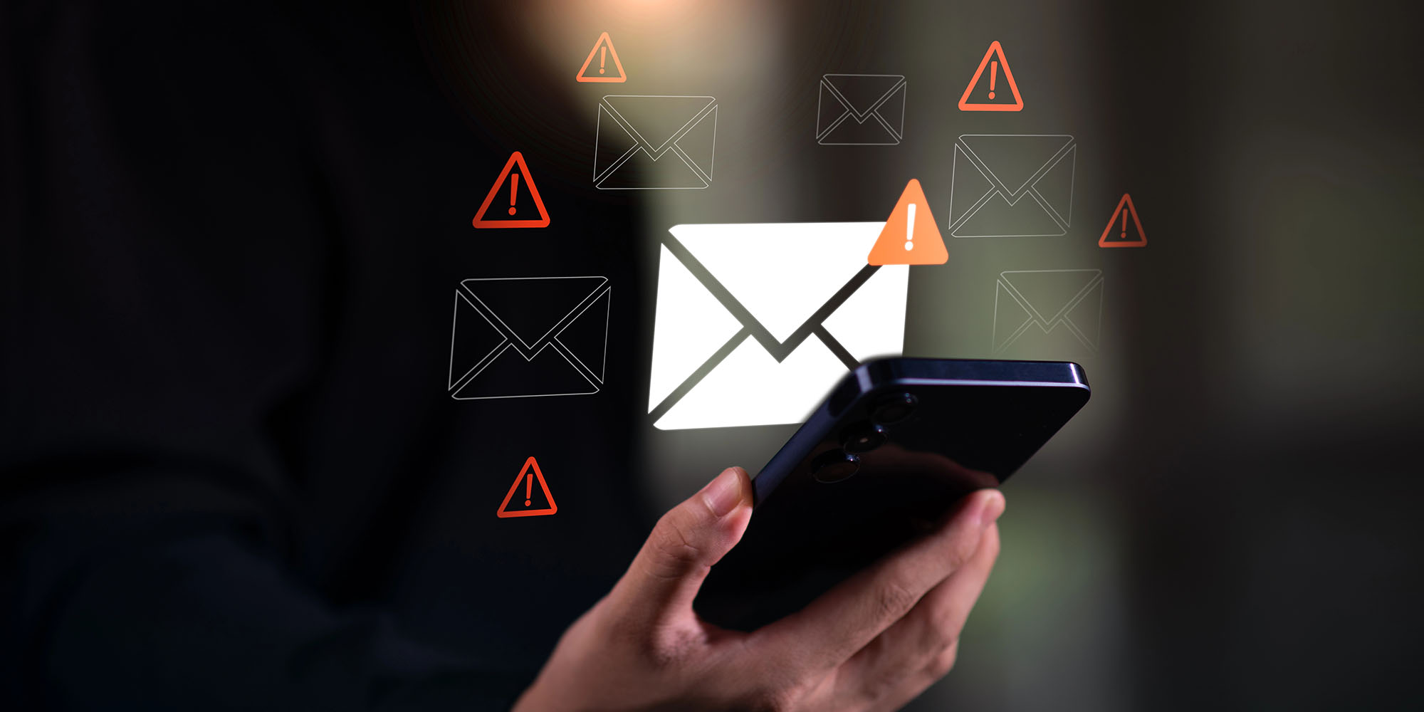 close up of a hand holding a cellphone with an email icon hovering above it. Images of warning symbols surround the phone.