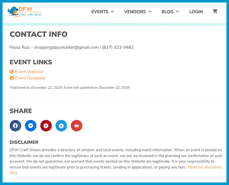 a screenshot of dfw craft shows with contact info for the example event