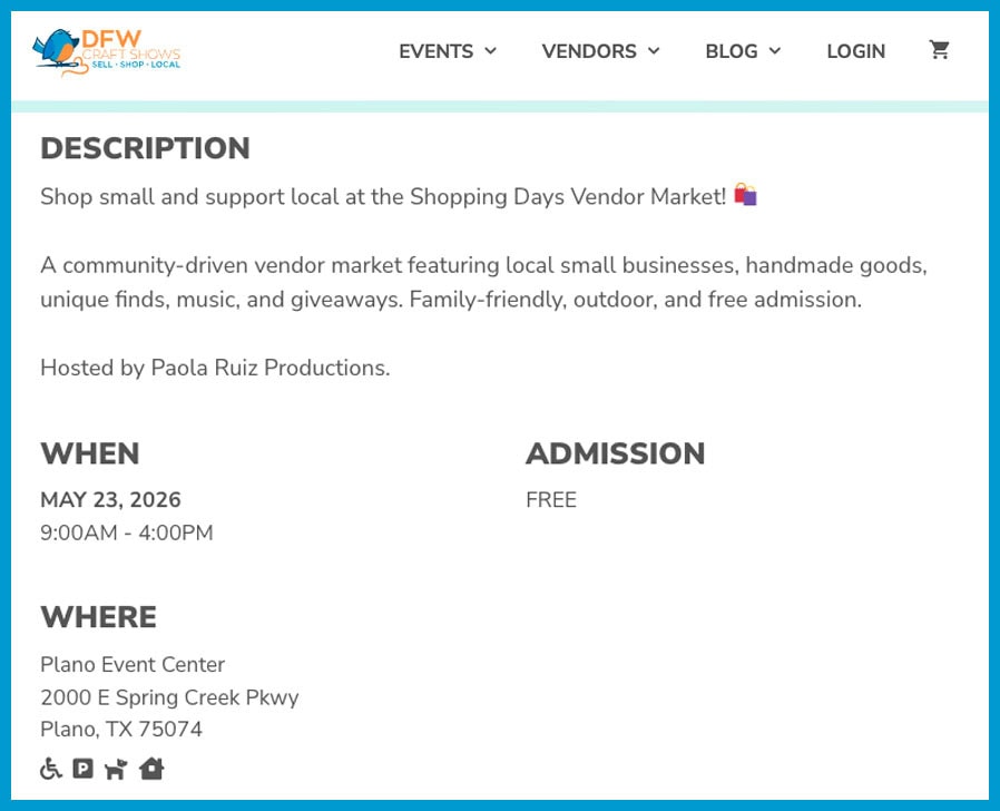 A screenshot from DFW Craft Shows with basic event information on it