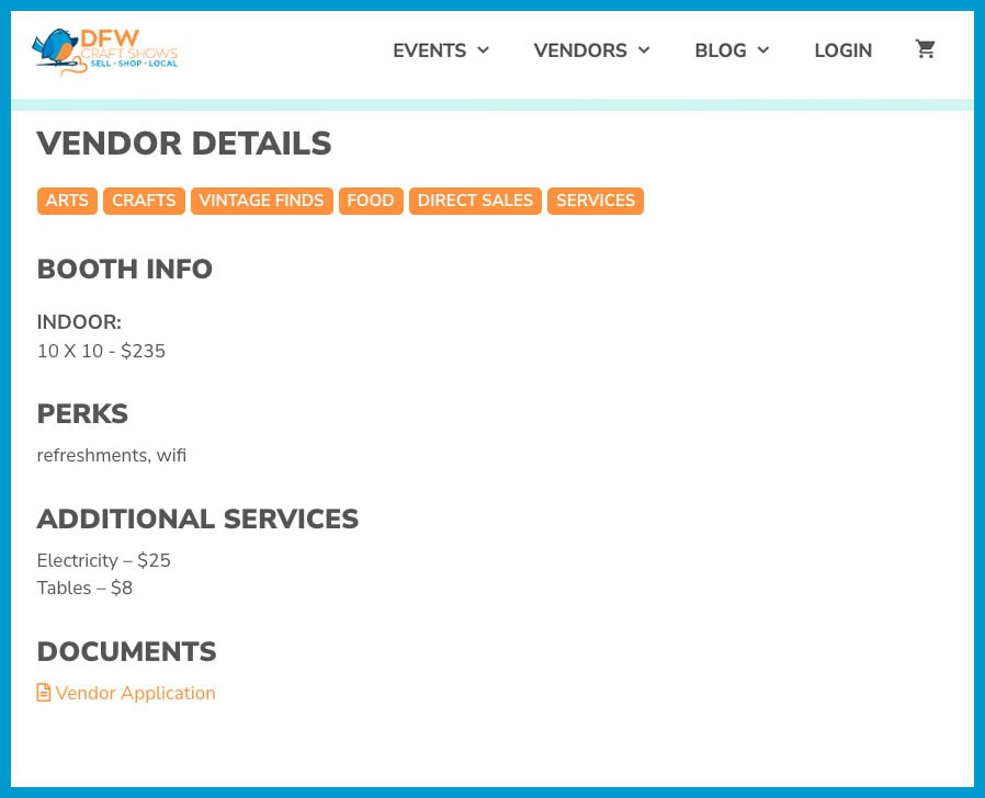 a screenshot of dfw craft shows with booth information for the example event
