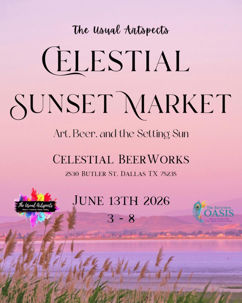 event flyer for usual artspects celestial sunset market, details at link