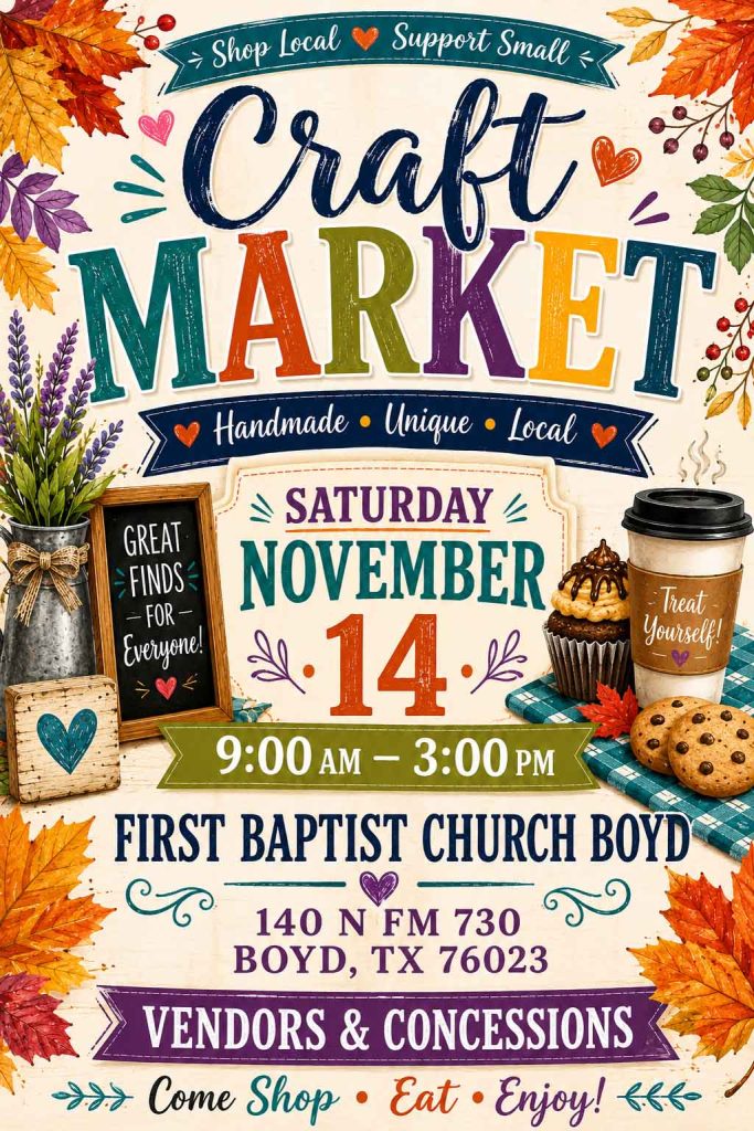 event flyer for first baptist church craft market, details at link