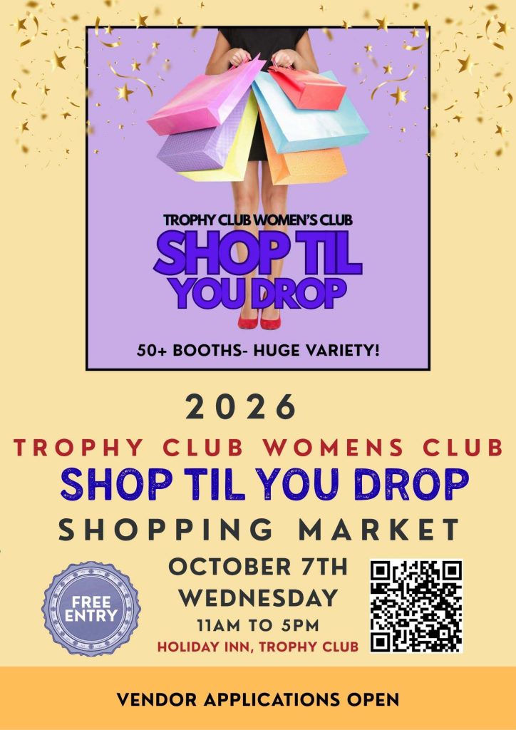 event flyer for trophy club women's club shop til you drop, details at link