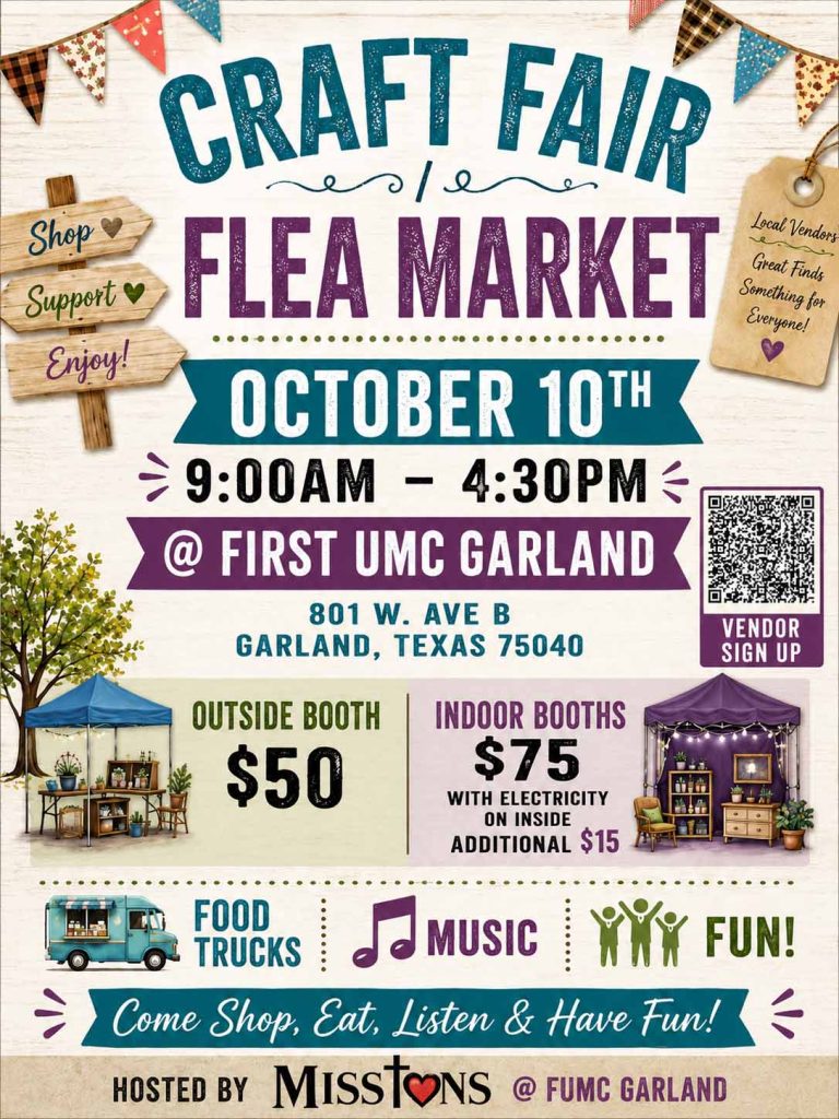 event flyer for First United Methodist Church Garland Craft Fair & Flea Market, details at link