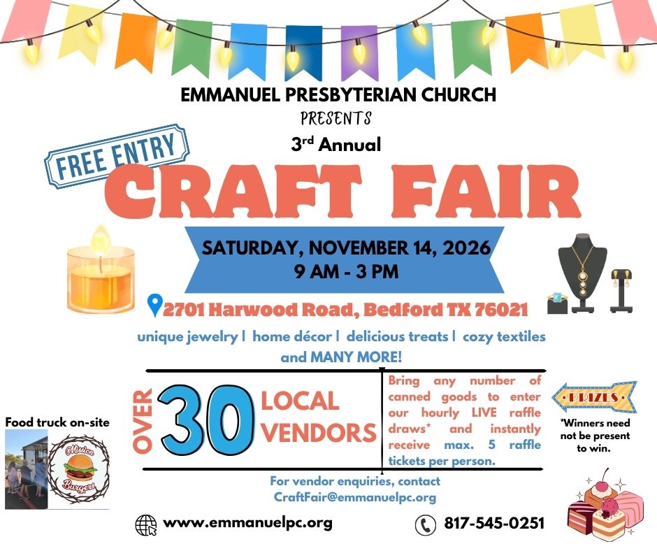 event flyer for Emmanuel Presbyterian Church Craft Fair, details at link