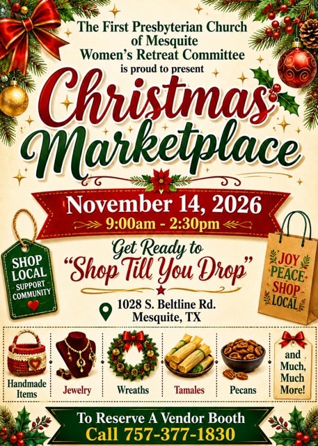event flyer for First Presby Christmas Marketplace, details at link