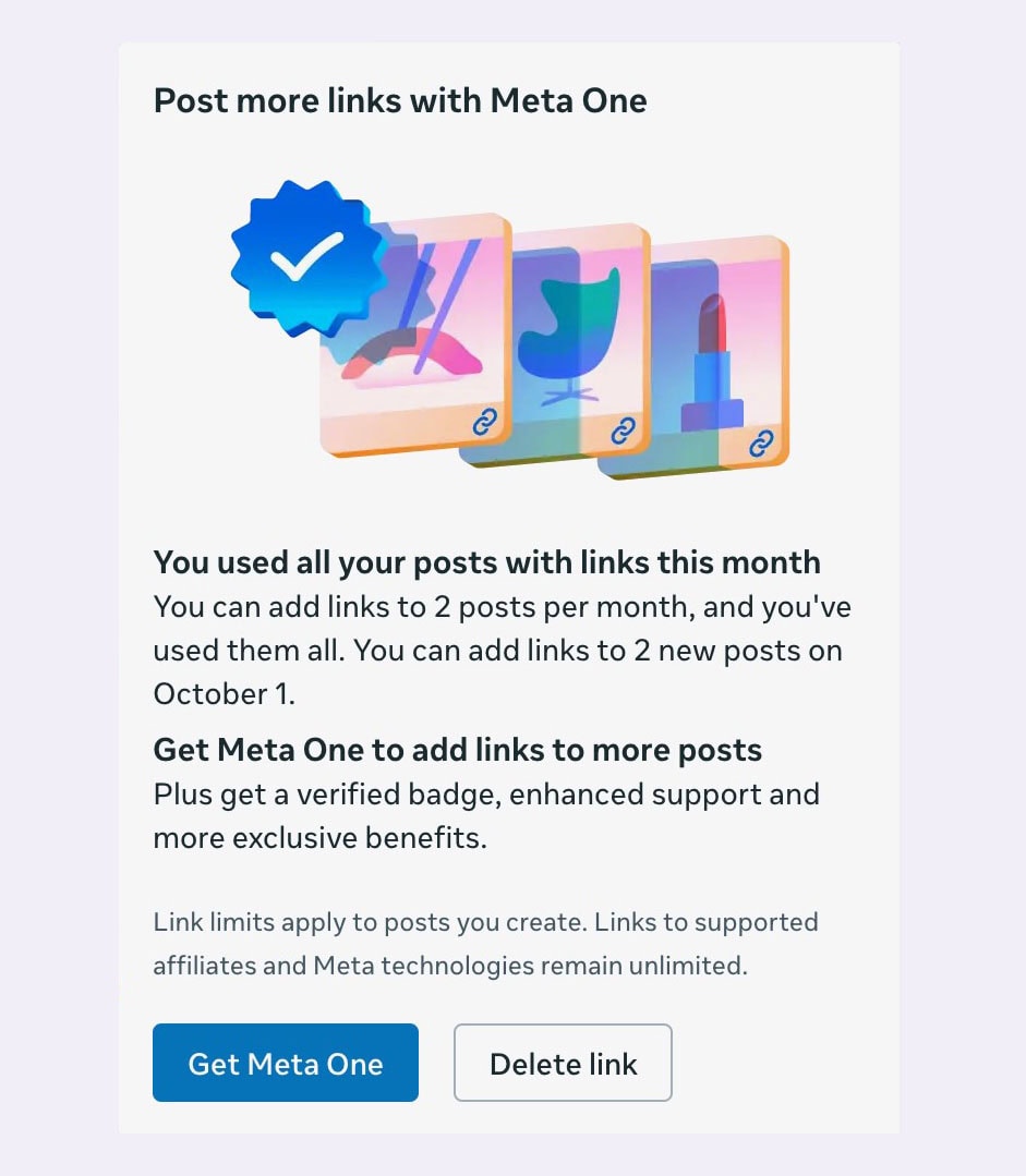 facebook screen advising that the 2 free links for this month have been used