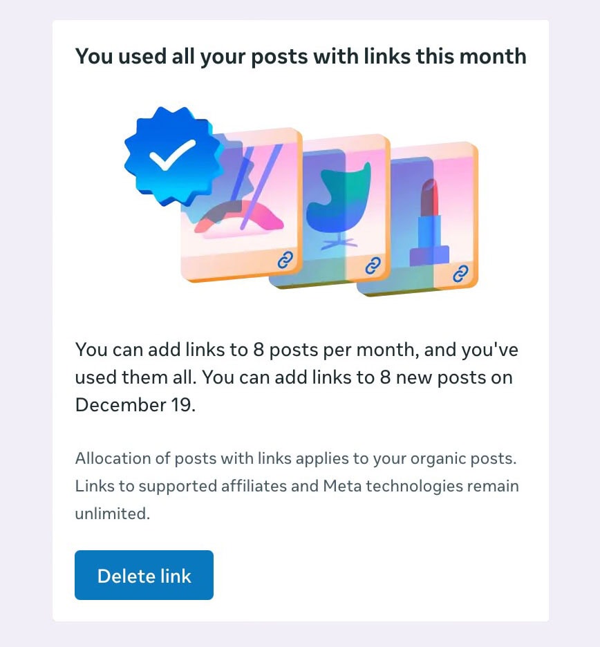facebook screen showing the link limit of 8 links per month for the advanced meta one plan