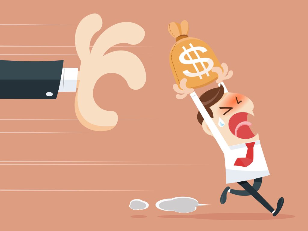 a large cartoon hand tries to grab a little cartoon dude is distraught and clutching his money bag