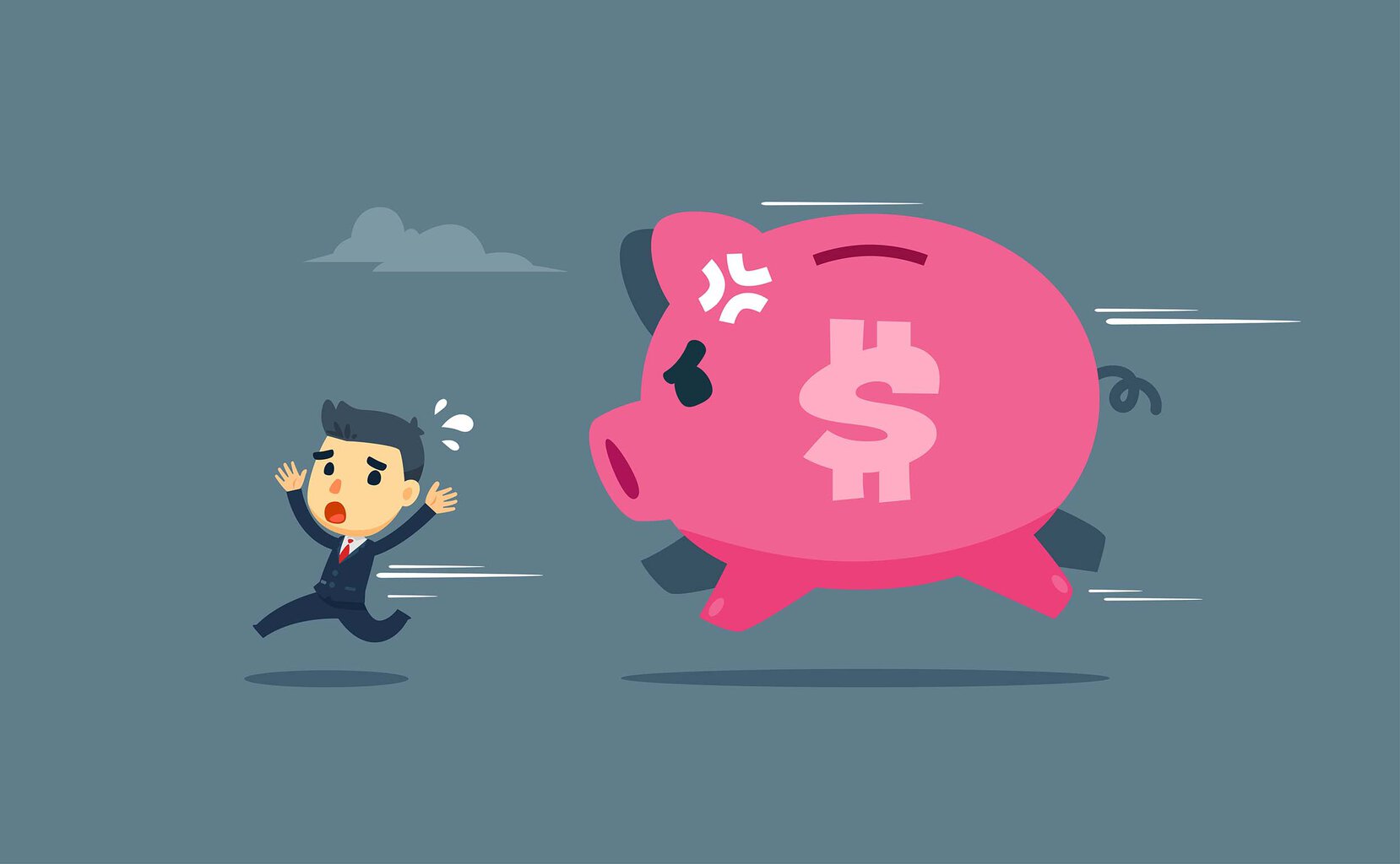 an large angry pink piggy bank chases a corporate bully 