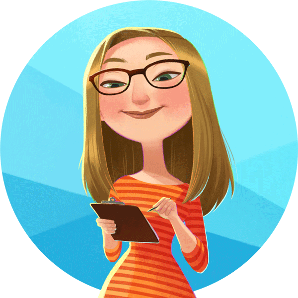 Illustrated character version of DFW Craft Show's owner, Tania, is smiling with a clipboarad and pen in hand. She is wearing an orange striped shirt and glasses. She is smiling and there is a light blue ombre background behind her.