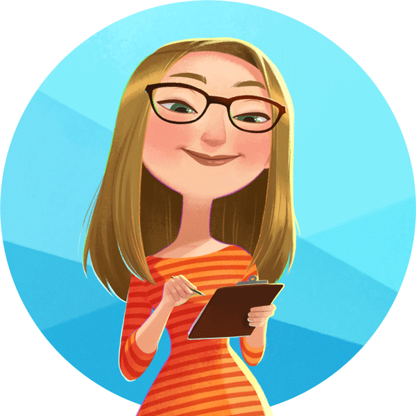 Illustrated character version of DFW Craft Show's owner, Tania, is smiling with a clipboarad and pen in hand. She is wearing an orange striped shirt and glasses. She is smiling and there is a light blue ombre background behind her.